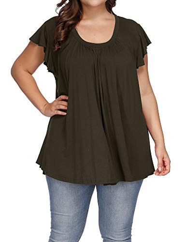 Allegrace Women's Plus Size Top Short Sleeve Casual Ruffle Loose Pleated Flowy Summer T Shirts Army Green 3X