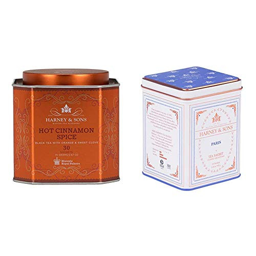 Harney  and  Sons Hot Cinnamon Spice Tea Tin - Black Tea with Orange  and  Sweet Clove - 2.67 Ounces- 30 Sachets  and  Paris- Black Tea- 20 Sachets