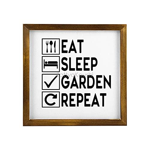 rfy9u7 Eat Sleep Garden Repeat Funny Farmhouse Decor Sign Wood Framed Wall Hanging Art- Rustic Wall Artwork Decor Signs- Ready to Hang- 7 x 7 Inch