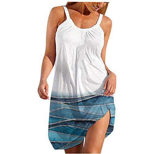Auwer Womens Dresses Fashion Sexy Sleeveless Ethnic Print Hem Print Loose Beach Dress Casual Dress for Women White