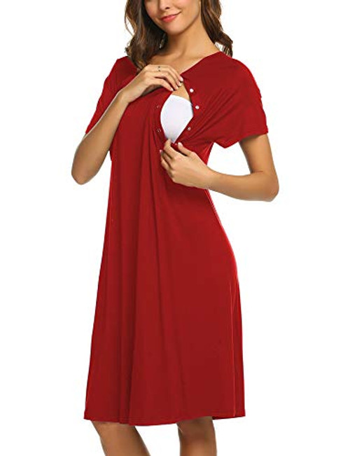 Ekouaer Nursing Dress-Maternity Nightgown Labor Delivery Gown for Hospital Breastfeeding Dress-Red -XL- Ekouaer Nursing Dress-Maternity Nightgown Labor Delivery Gown for Hospital Breastfeeding Dress-Red -XL-