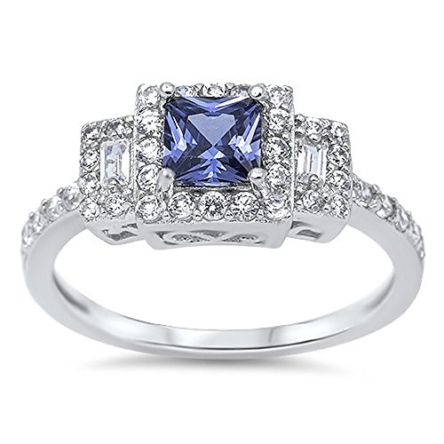 CloseoutWarehouse Princess Cut Simulated Tanzanite Cubic Zirconia Halo Ring Sterling Silver Size 6
