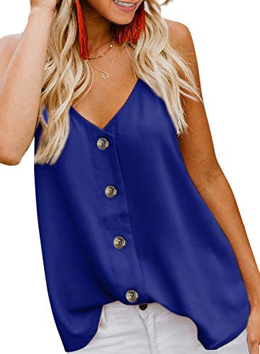 BLENCOT Women's Button Down V Neck Strappy Tank Tops Loose Casual Sleeveless Shirts Blouses Blue L