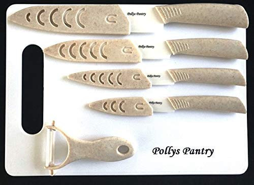 Pollys Pantry Ceramic Knife Set. Five Piece Wheat Color 6inch Chef Knife- 5inch Utility Knife- 4inch Fruit Knife- 3inch Paring Knife- One Peeler