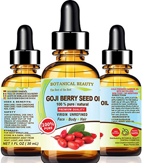 GOJI BERRY SEED OIL Lycium Barbarum Himalayan 100  percent Pure Natural Virgin Unrefined Cold Pressed Carrier Oil 1 Fl. Oz.- 30 ml for FACE- SKIN- DAMAGED HAIR- NAILS- Anti-Aging- rich in essential fatty acids and Omega 6- natural beta-carotene Vitam