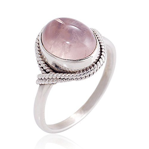 Women?s 925 Sterling Silver Rose Quartz Oval Gemstone Vintage Ring- Size 6