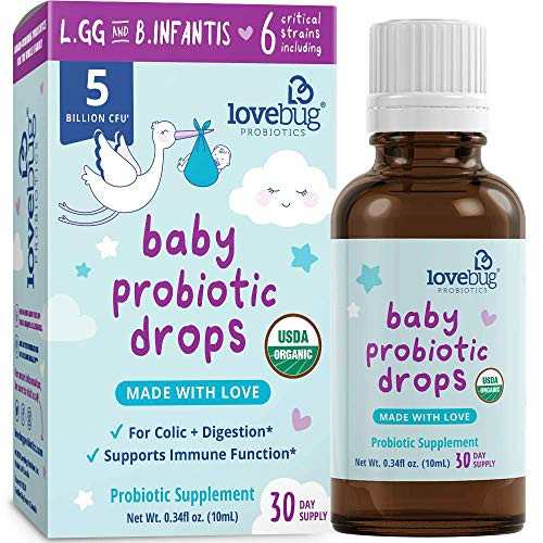 LoveBug Baby  and  Infant Probiotic Drops- 5 Billion CFU  and  6 Strains - Colic Relief*- Soothe Fussiness  and  Crying- Helps Reduce Digestive Upset- Gas  and  Constipation. Organic  and  Vegan. 30 Servings -0.34 fl oz-
