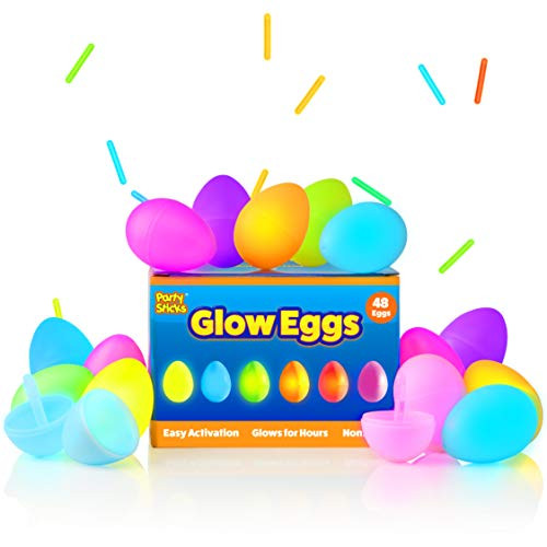 PartySticks Glow Easter Eggs 48pk Bulk Party Favors for Kids - Glow in The Dark Eggs Party Supplies with Fillable Plastic Easter Eggs and 144 Mini Glow Sticks for Glow Party Easter Egg Hunt