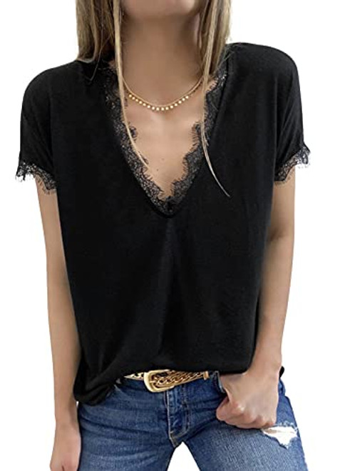 BLENCOT Women Lace Tops Short Sleeve Shirt V Neck Lace Trim Cute Tops Dressy Shirts Summer Tops Blouse BLENCOT Women Lace Tops Short Sleeve Shirt V Neck Lace Trim Cute Tops Dressy Shirts Summer Tops Blouse