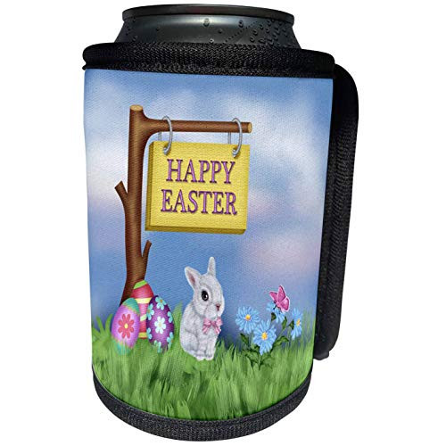 3dRose Beverly Turner Easter Design and Photography - Happy Easter- Sign Hanging on Tree Branch- Bunny in Garden with Eggs - Can Cooler Bottle Wrap -cc_276162_1-
