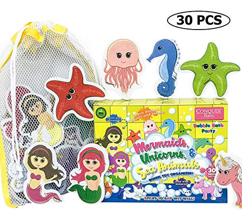 Conquer Baby - (30 Pack) Bath Toys for Girls Toddlers Kids | Foam Animals with Bathtub Toy Organizer | Floating Water Toys Bath Gift Set