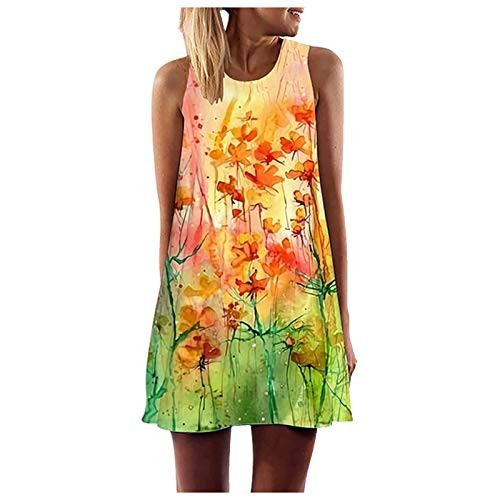 Famous TIK Tok Women's Summer Sleeveless Boho Floral Print Tunic Swing Loose Pockets T-Shirt Dress Summer Beach Mini Dress Yellow
