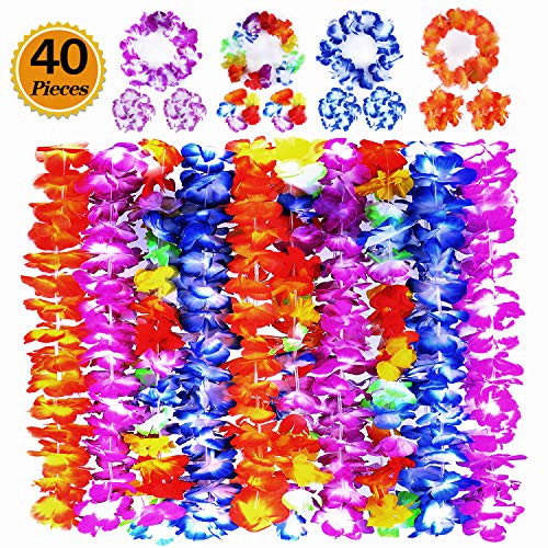 Ginmic Hawaiian Leis, Luau Party Favors, 40Pcs Tropical Hawaiian Party Necklace, Headbands and Wristbands, For Kids or Adults Party Supplies, Summer Beach Vacation, Theme Party Decorations, Birthday, Wedding