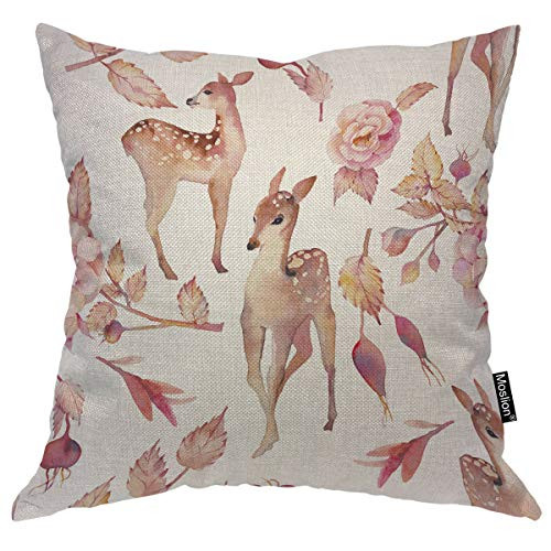 Moslion Deer Throw Pillow Covers Animal Fawn Leaves Flower Dog Rose Tree Branch Berry Pillow Cases Decorative Square Cushion Canvas Cotton Linen for Couch Chair Bedroom