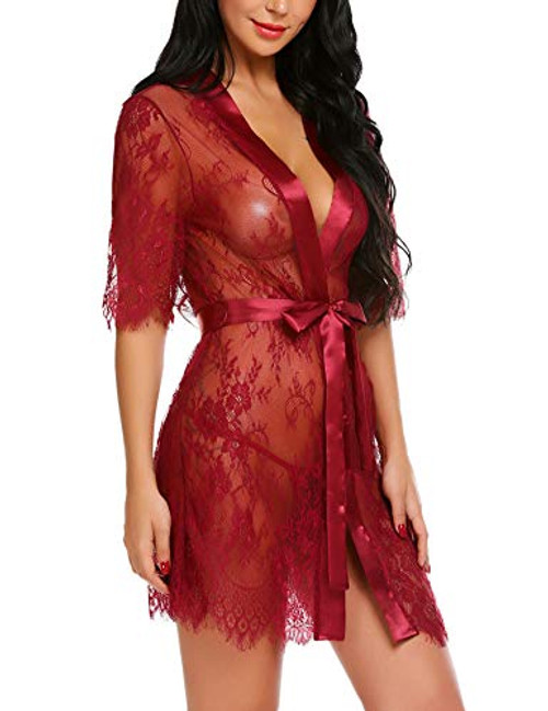 Avidlove lingerie robes for women Kimono Robe Floral Lace Babydoll Lingerie Sheer Mesh Nightgown Dark Red S Avidlove lingerie robes for women Kimono Robe Floral Lace Babydoll Lingerie Sheer Mesh Nightgown Dark Red S