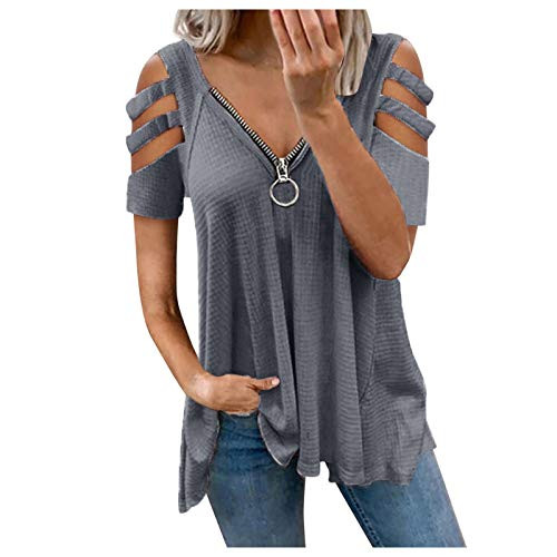 POTTOA Women Summer T Shirts Short Sleeve V Neck Tunic with Zipper Cold Shoulder Tops -Grey- M- POTTOA Women Summer T Shirts Short Sleeve V Neck Tunic with Zipper Cold Shoulder Tops -Grey- M-