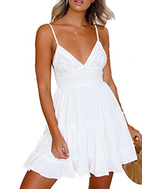 Women's Dresses Summer Sleeveless V Neck Backless Lace Bowknot Party Beach Dress -M- White- Women's Dresses Summer Sleeveless V Neck Backless Lace Bowknot Party Beach Dress -M- White-