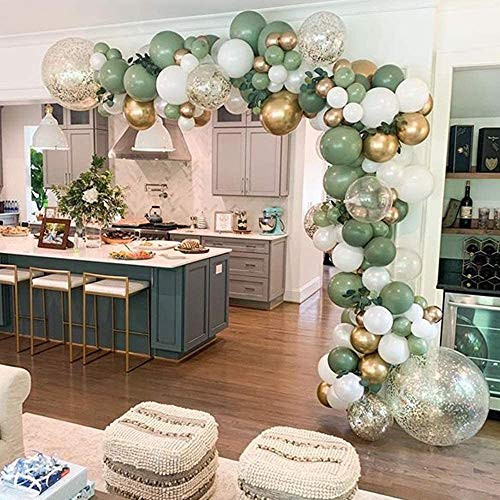 Sage Olive Green Balloon Garland Arch Kit  121pcs Olive Green- White- Metallic Chrome Gold Balloons for Baby and Bridal Shower- Birthday Party- Wedding- Grad- Anniversary Party