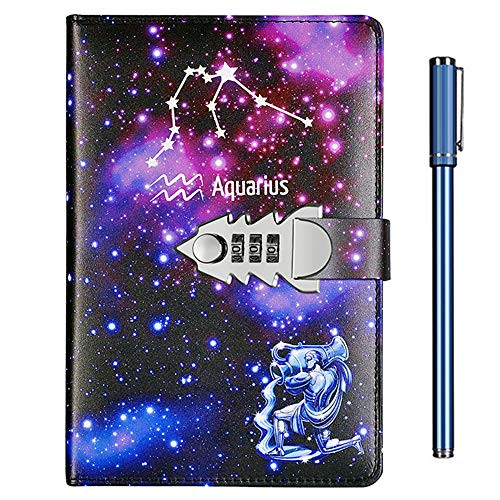 Starry Sky Diary with Lock and Key for Girls- Combination Leather Locking Journals to Write in with Pen- Lockable Digital Password Journal Diario- Locked Secret Diaries Notebook Journals -Aquarius-