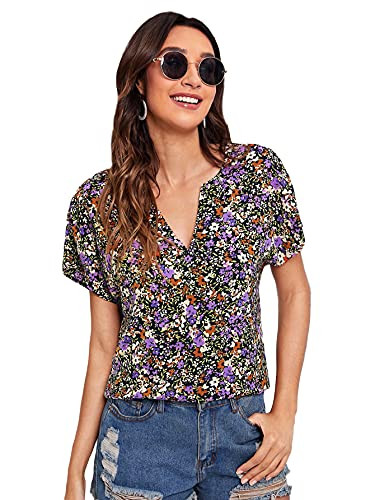 Romwe Women's Boho Floral Print Cap Sleeve High Low Notch Neck Work Blouse Tops Black Purple XL