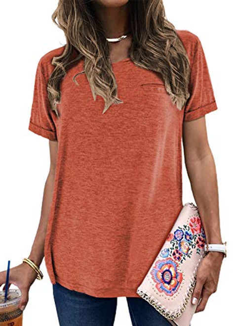 Dokotoo Women's 2021 Summer Casual T-Shirts Blouse Short Sleeve Crew Neck with Pocket Shirt Loose Fit Tunic Plain Basic Tee Top M Orange
