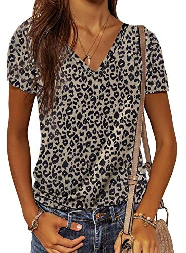 FARYSAYS Women's Casual Summer V Neck Shirts Leopard Print Tops Basic Short Sleeve Loose Soft Blouse Leopard Large