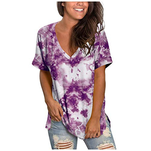 Qinnyo Womens Tops V Neck T Shirts Roll Up Short Sleeve Loose Tunic Casual Plus Size Basic Tee Henley Shirts Purple