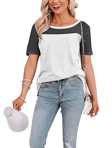 Minthunter Women's Short Sleeve T-Shirts Basic Round Neck Casual Summer Tees Color Block Tops -White- Small-
