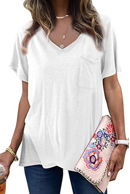 Womens Short Sleeve V Neck T Shirt Summer Casual Loose Solid Basic Tunic Tee Top Blouse White XXL Womens Short Sleeve V Neck T Shirt Summer Casual Loose Solid Basic Tunic Tee Top Blouse White XXL