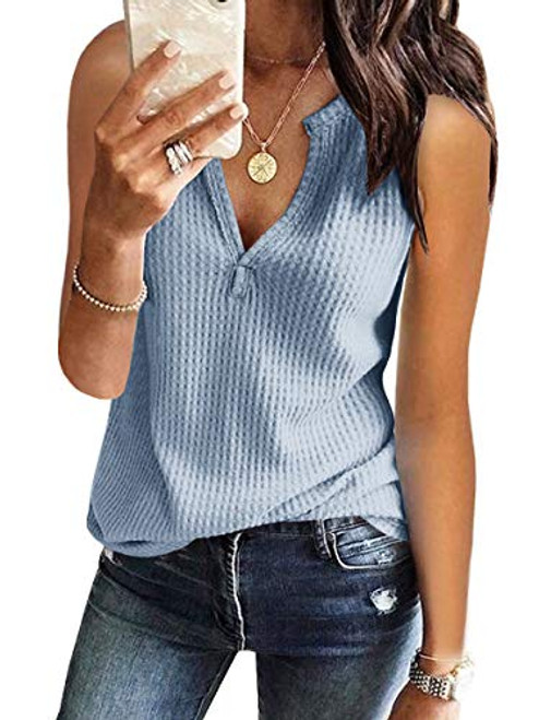 Womens Tank Tops V Neck Waffle Knit Summer Casual Sleeveless Loose Tee Shirts -Large- Dusty Blue- Womens Tank Tops V Neck Waffle Knit Summer Casual Sleeveless Loose Tee Shirts -Large- Dusty Blue-
