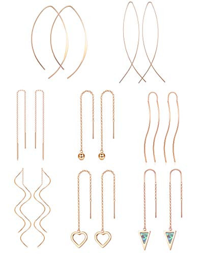 Jstyle 8Pairs Stainless Steel Curved Threader Earrings for Women Drop Dangle Tassel Chain Earrings Set Lightweight Rose Gold Tone