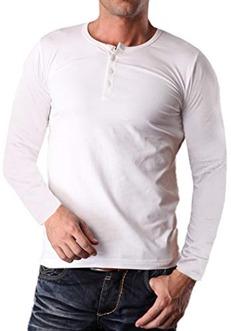 YTD Men's Casual Slim Fit Long Sleeve Henley T-Shirts Cotton Shirts XL White
