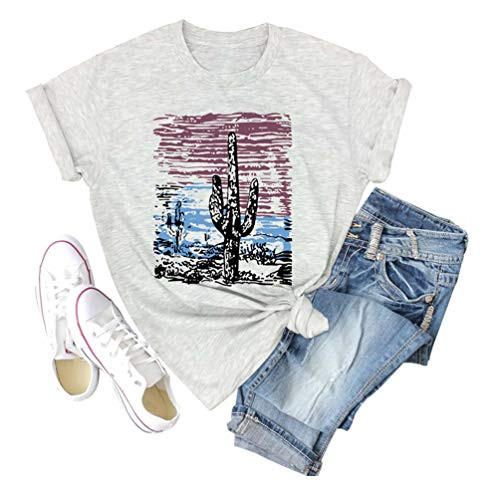 GEMLON Western Tees for Women Vintage Cactus Shirt Retro Sunset Desert Graphic Tops Blouse -Grey- XL-