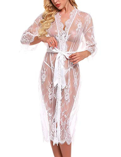 RSLOVE Plus Size Women's Lace Kimono Robe with Satin Belt Sexy Babydoll Lingerie Mesh Nightgown White XXL RSLOVE Plus Size Women's Lace Kimono Robe with Satin Belt Sexy Babydoll Lingerie Mesh Nightgown White XXL