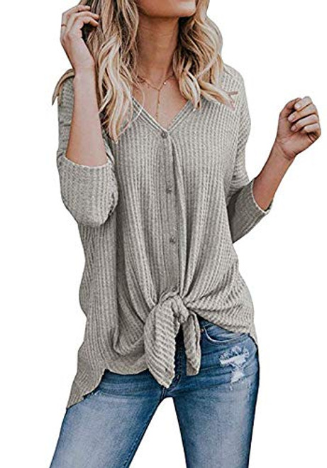 Chvity Womens Waffle Knit Tunic Blouse Tie Knot Henley Tops Loose Fitting Bat Wing Plain Shirts -S- Oatmeal Grey- Chvity Womens Waffle Knit Tunic Blouse Tie Knot Henley Tops Loose Fitting Bat Wing Plain Shirts -S- Oatmeal Grey-
