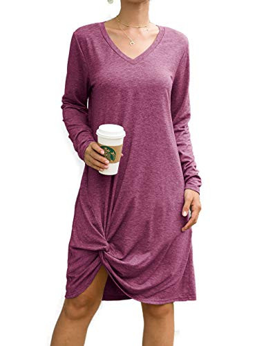 Naggoo T Shirt Dresses for Women Long Sleeve Cute Twist Knot Fall Dress Wine Red