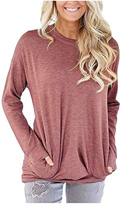 Akihoo Women Casual Pure Color Long Sleeve T Shirt Tunic Tops Blouse Loose Solid Sweatshirt Crew Neck Pullover with Pocket S