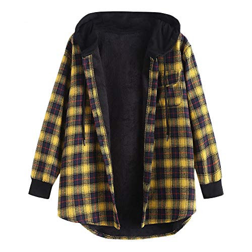 ZAFUL Women's Plaid Hooded Shirt Jacket Furry Lined Button Pocket Long Sleeve Coat Yellow L