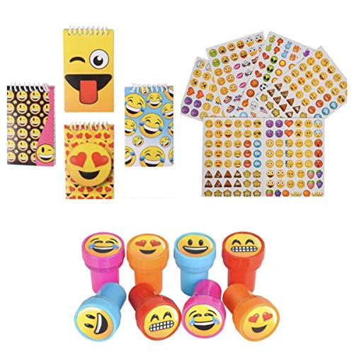 72 EMOJI Party Favors - 24 INK Stampers 24 Mini Notebooks & 24 Sticker Sheets - TEACHERS Classroom Rewards Incentives