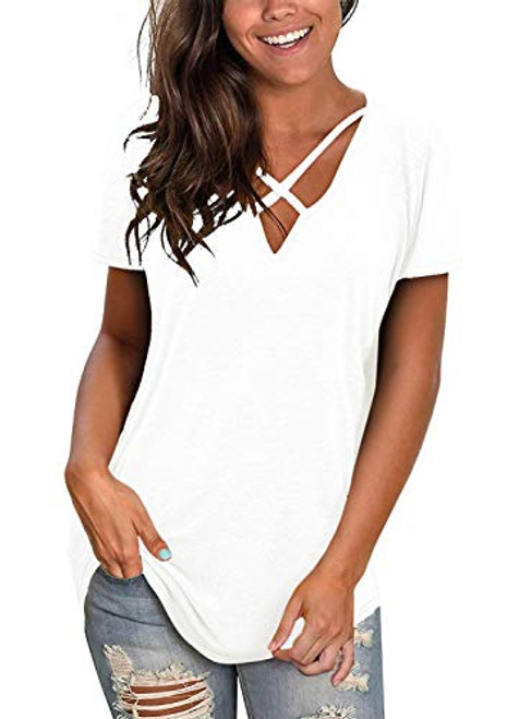 Womens Short Sleeve V Neck T Shirts Sexy Criss Cross T-Shirt Tops Casual Loose Cotton Tees -Medium- White- Womens Short Sleeve V Neck T Shirts Sexy Criss Cross T-Shirt Tops Casual Loose Cotton Tees -Medium- White-