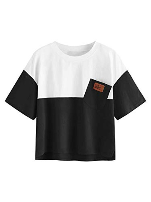 SweatyRocks Women's Color Block Half Sleeve High Low Casual Loose T-Shirt Tops White Black Large