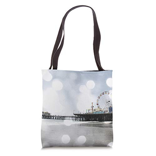 Grey bokeh Santa Monica Pier Digital Art Tote Bag