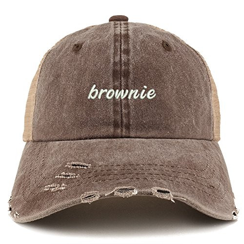 Trendy Apparel Shop Brownie Embroidered Frayed Bill Trucker Mesh Back Cap - Brown