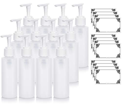 Clear Natural Refillable Plastic Squeeze Bottle with White Lotion Pump Dispenser 4 oz / 120 ml - -12 Pack- Plus Labels