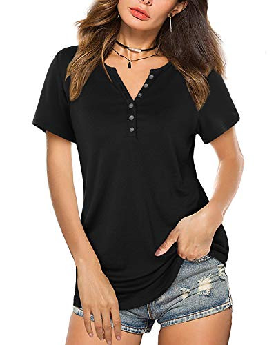 KILIG Women's Short Sleeve V-Neck Button Loose Casual Tops Blouse Henley T Shirts-A1-Black-X-Large-