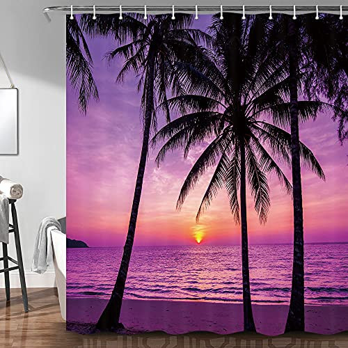 Purple Beach Sunset Shower Curtain Tropical Palm Tree Ocean Beach Nature Shower Curtains for Bathroom Waterproof Fabric Bathroom Decor with Hooks- 72x72