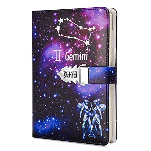 A5 Creative Password Journal with Lock- PU Leather Diary with Combination Lock Password Notebook Locking Journal Diary -Gemini-