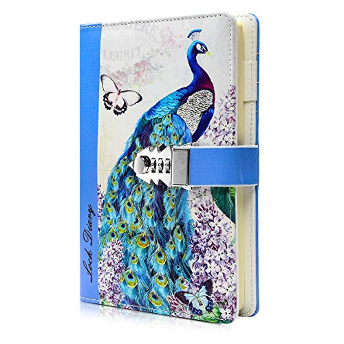 A5 Creative Password Lock Journal PU Leather Combination Lock Diary Digital Password Notebook Locking Journal Diary -Peacock 2-