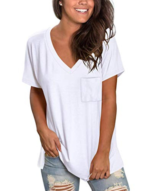 MOLERANI Women's Short Sleeve V-Neck Shirts Loose Casual Tee Summer Tops with Pocket -M- White-