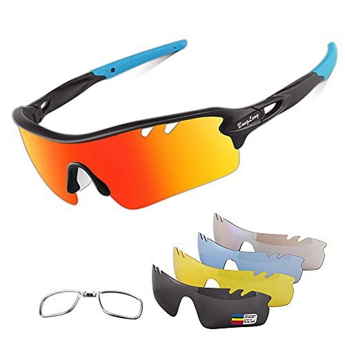 Polarized Sports Sunglasses Cycling Sun Glasses for Men Women with 5 Interchangeable Lenes for Running Baseball Golf Driving -BlackPlusBlue- Polarized Sports Sunglasses Cycling Sun Glasses for Men Women with 5 Interchangeable Lenes for Running Baseball Golf Driving -BlackPlusBlue-